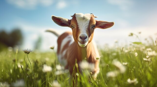 closeup shot of a cute goad standing on a grass