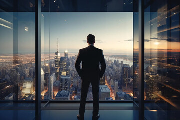 A successful businessman in a suit looks out the window at the cityscape from an office in a skyscraper, back view. AI generative
