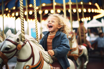 Fototapeta na wymiar Laughing girl riding a carnival carousel