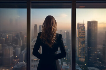 A successful businesswoman looks out the window at the cityscape from an office in a skyscraper, back view. AI generative - obrazy, fototapety, plakaty