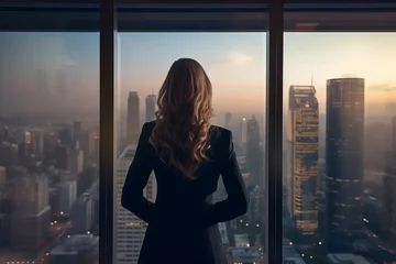 Foto op Aluminium A successful businesswoman looks out the window at the cityscape from an office in a skyscraper, back view. AI generative © tiena