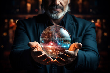 Fototapeta premium A man holding a digital globe in his hands