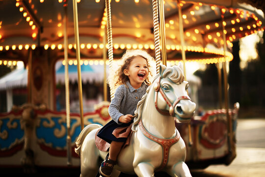 Laughing girl riding a carnival carousel
