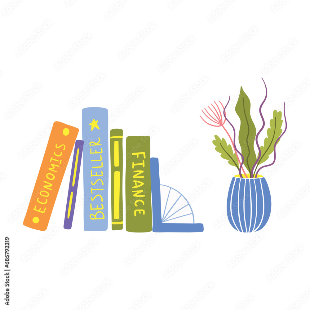 Aufkleber cartoon color vase with different flowers and stack books and tutorials element home inside interior