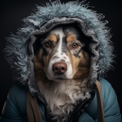 a dog in a hood is warming up, the dog is cold 6