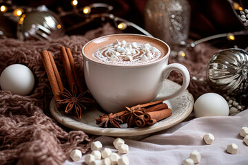 Obraz na płótnie Canvas A cup of hot cocoa with spices. Christmas mood. Generative AI