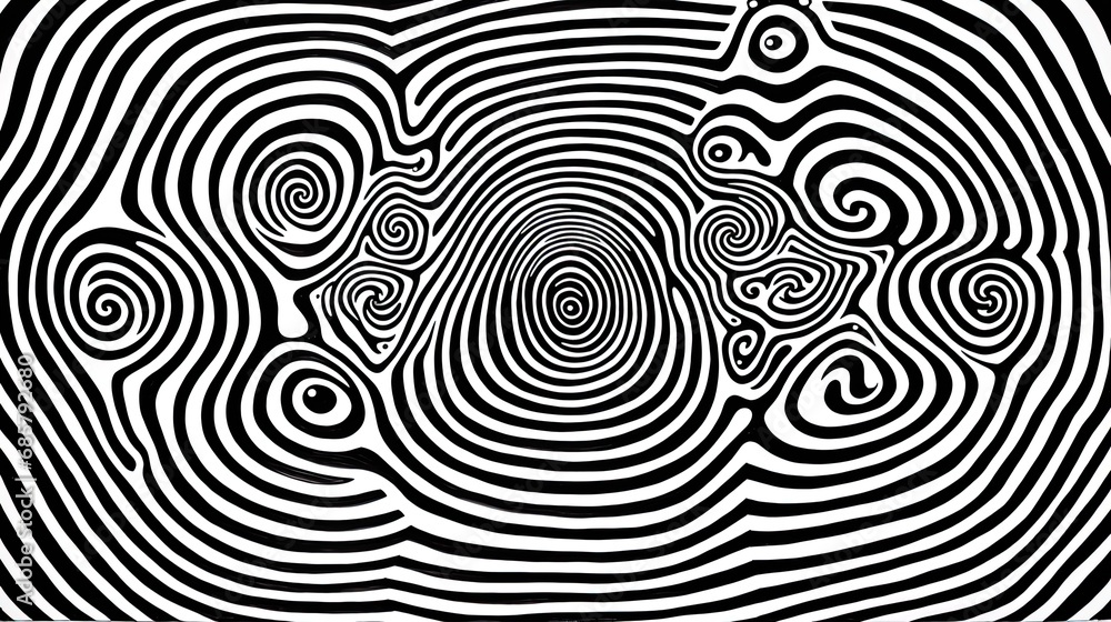 Wall mural Generative AI, surreal black and white background, abstract optical illusion, trippy psychedelic vintage mid century modern geometric pattern