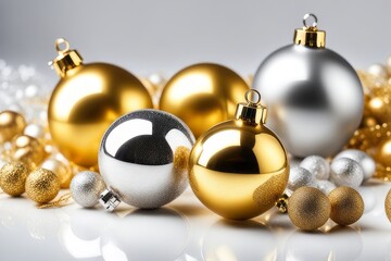 Golden and silver Christmas balls near pine branches, reflecting on a shiny white surface.
