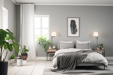 modern bedroom with sofa in grey color with window and king size bed, flowers and lamp