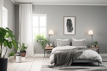 Fototapeta premium modern bedroom with sofa in grey color with window and king size bed, flowers and lamp