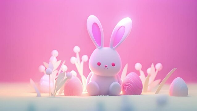 Moving Easter bunny. Happy Easter pastel background. Cute 3D Easter bunny with eggs in grass. Easter day design. Holiday banner, web poster, flyer, stylish brochure, greeting card, cover. Spring Easte