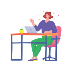 Cartoon Color Character Girl Working on a Laptop Freelance or Office Concept Flat Design Style. Vector illustration