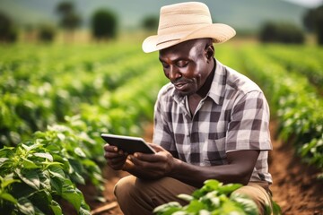 African farmer using tablet for research leaves of plant in organic farm.