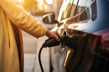 Close up of beautiful senior woman plugging charger in her electric car.