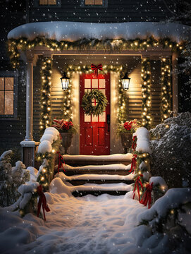 Christmas Decorated Home with Adorned Entryway and Wreath-Decked Doors
