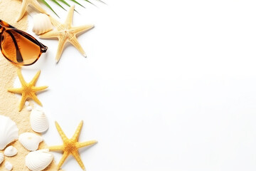 Fototapeta na wymiar Summer decorations sunglass,shell, starfish on white background