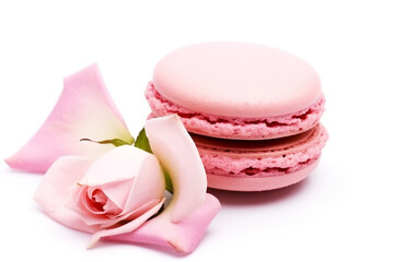 Macaron with petal rose isolated on white background