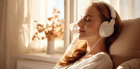 happy young woman wearing headphones enjoying music for meditation and relaxation