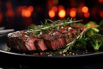 Close up of beef steak on plate, created - obrazy, fototapety, plakaty