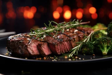 Fototapeten Close up of beef steak on plate, created © sirisakboakaew