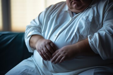 Close up of overweight patient in hospital gown waiting for medical examination,