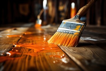 Close up of paintbrush applies paint or varnish on wooden board