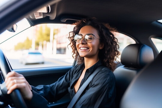 Woman smiling driving a car on road