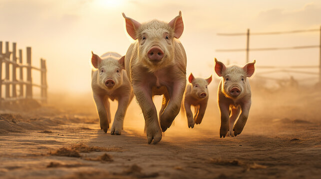 Strolling Through the Farm: Pig Family's Leisurely Walk
