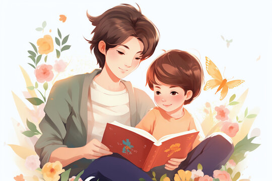 Mother and child reading a book surrounded by flowers and butterflies