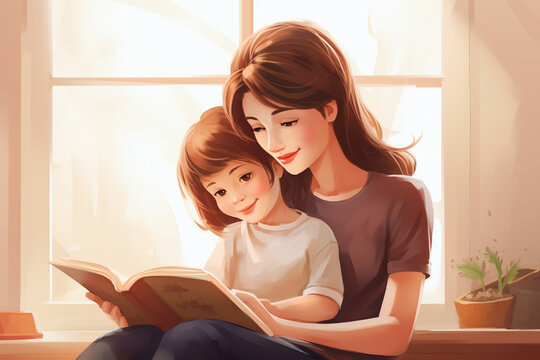 Mother and child reading book in warm sunlight
