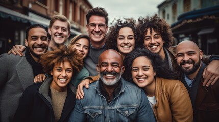 Crowd of generations hugging each other outdoors