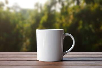 Fototapeta na wymiar White mug mockup on wooden table on nature landscape background. Cup for coffee or tea.
