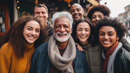 Crowd of generations hugging each other outdoors - obrazy, fototapety, plakaty