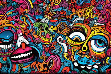 Whimsical doodle art with colorful abstract shapes