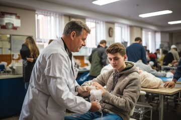 Doctor checking the orthopedic cast, brace on a teenage patient's broken