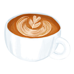 A hand drawn of coffee with latte art in white cup