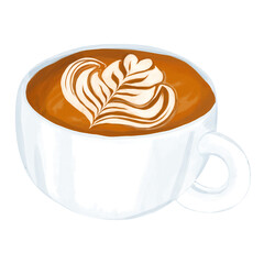 A hand drawn of coffee with latte art in white cup