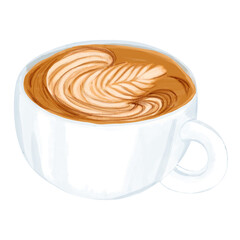 A hand drawn of coffee with latte art in white cup