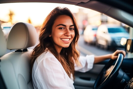 Woman smiling driving a car on road