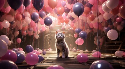 A charming cat exploring a room filled with floating balloons, creating a whimsical indoor...