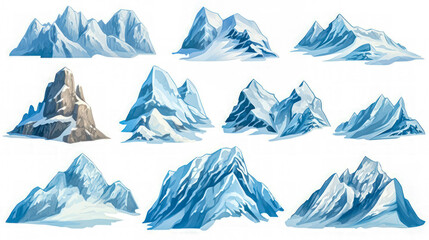 Watercolor Style Illustration of Snowy Mountains Collection Set, Illustration Isolated on White Background, Watercolor Clipart for Architecture and Landscape Design
