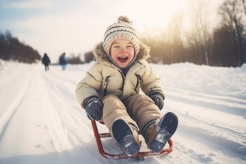 Funny little child runs on sledge in snow. Active sports games in winter time. Happy winter holidays concept. comeliness