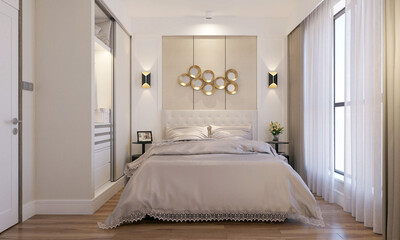 3d render. Modern hotel room interior scene.