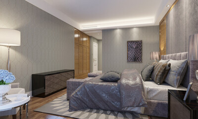 3d render. Modern hotel room interior scene.