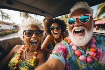 Happy senior multiracial couple having fun on road trip summer