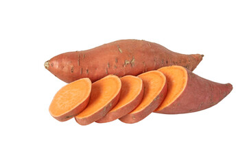 Sweet potato or boniato whole and sliced tubes with red skin and yellow flesh isolated transparent...