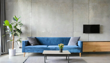 Blue sofa against tv unit. Minimalist loft home interior design of modern living room