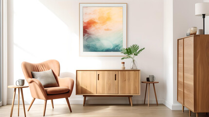 Chair near wooden cabinet and art poster on white wall