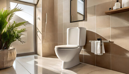 Fototapeta na wymiar Modern bathroom interior with modern luxury wall hung toilet bowl, closed seat with dual flush