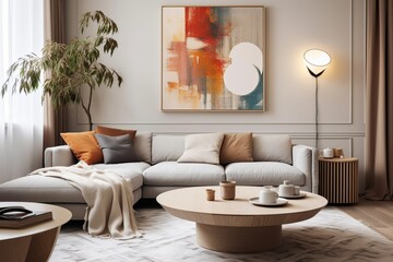 Round coffee table near white corner sofa with terra cotta cushions near paneling wall with art poster. Scandinavian home interior design of modern living room, Generative AI